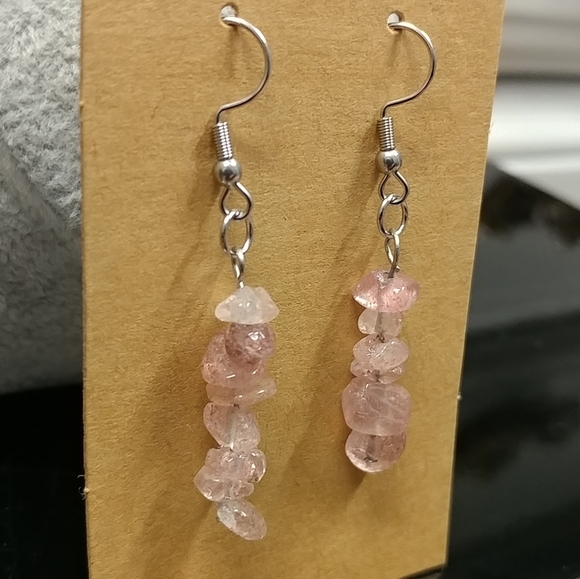 Strawberry Quartz Earrings Natural Gemstone Chip Beaded Surgical Stainless-Steel - Picture 5 of 11